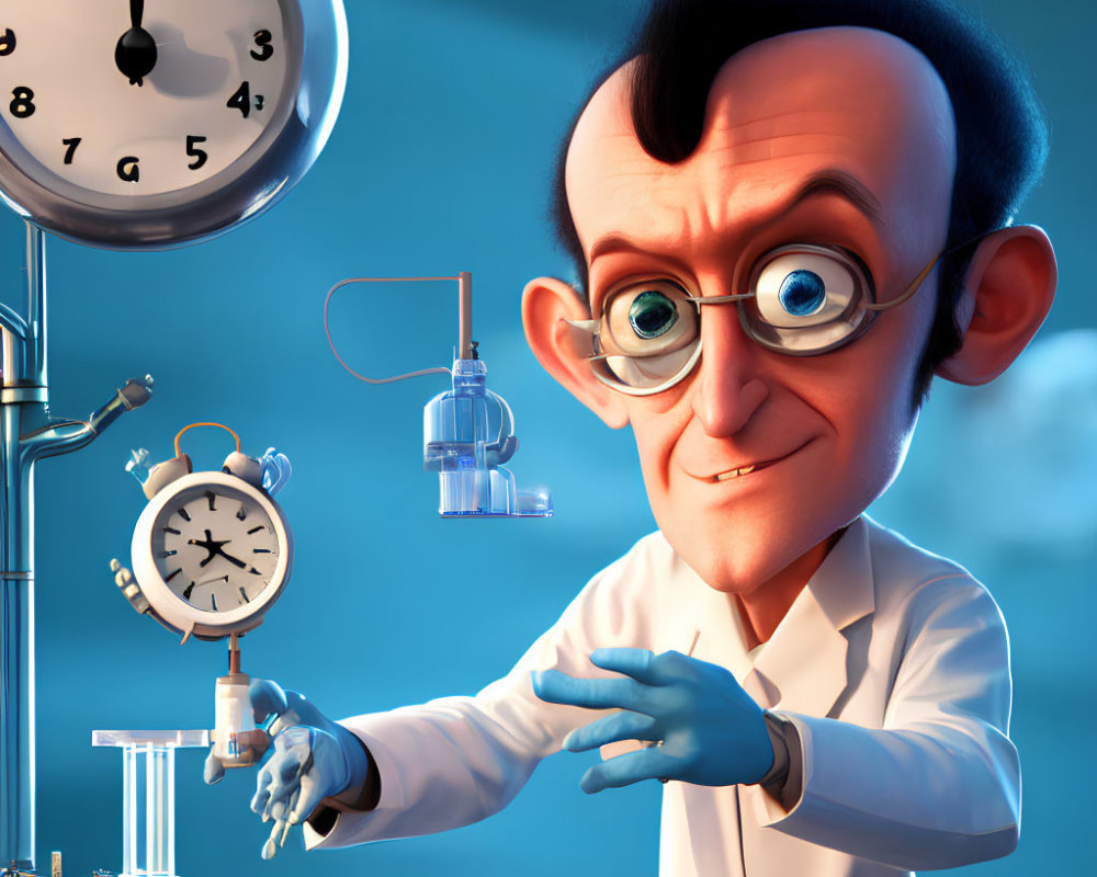 Animated scientist in lab coat and glasses conducting time-themed experiment