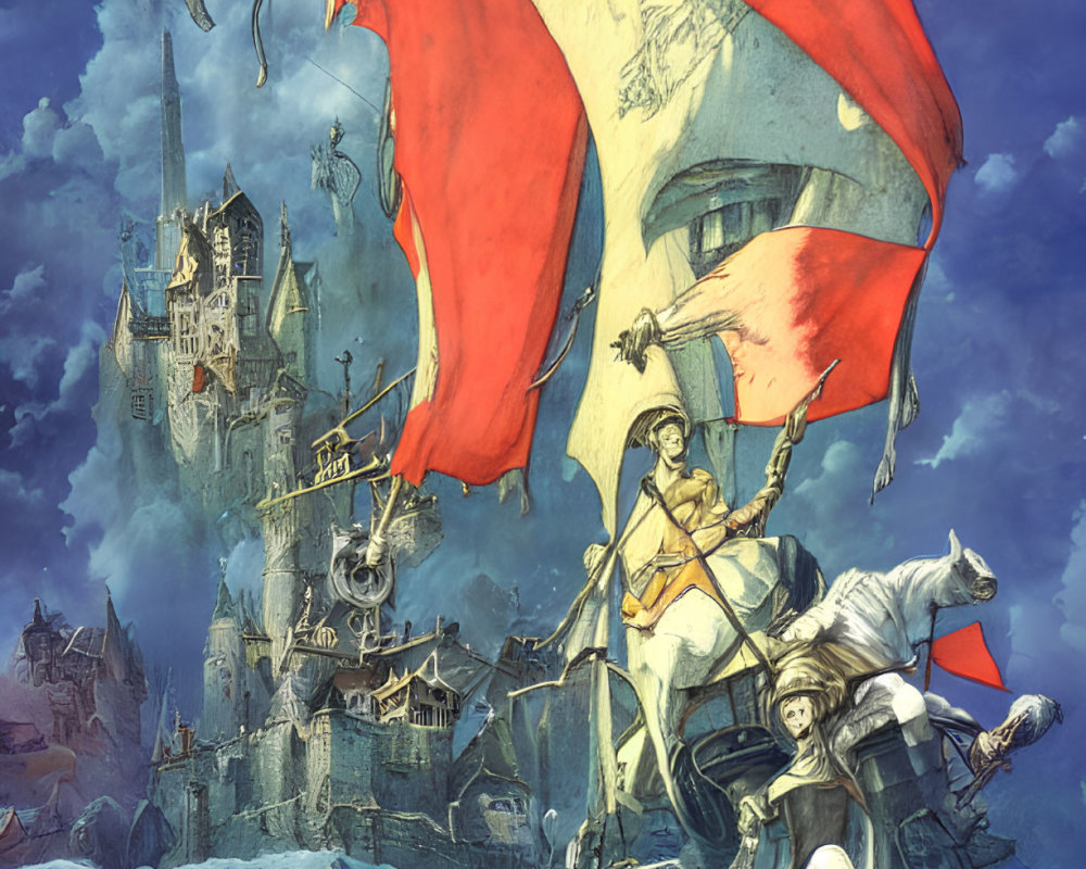 Fantastical castle with knight leading army and flag