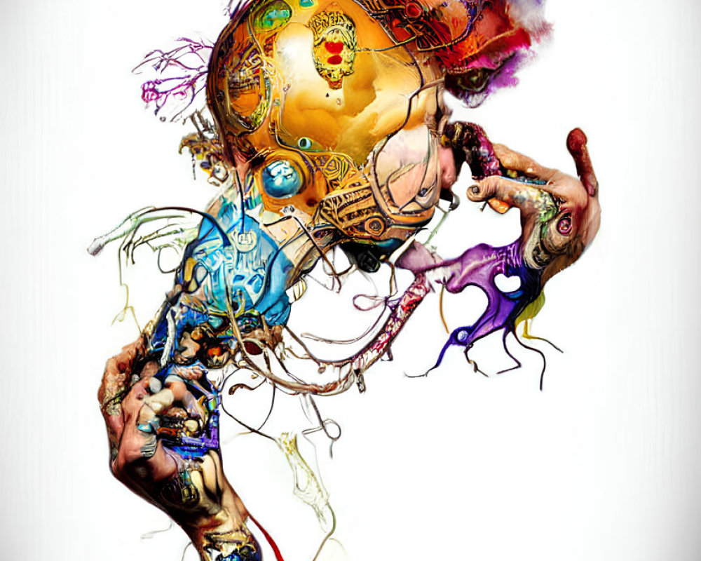 Vibrant surreal artwork: humanoid figure with exploding head tendrils