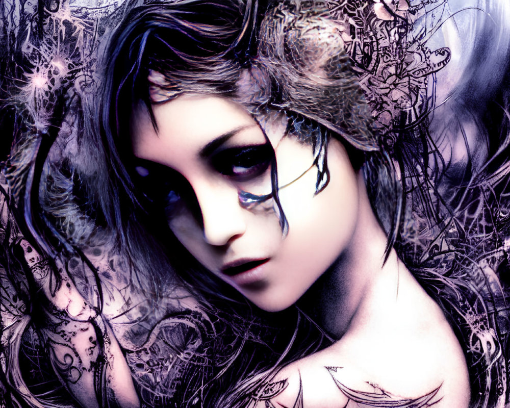 Digital Art: Woman with Striking Makeup and Tattoos in Mystical Blue Floral Setting