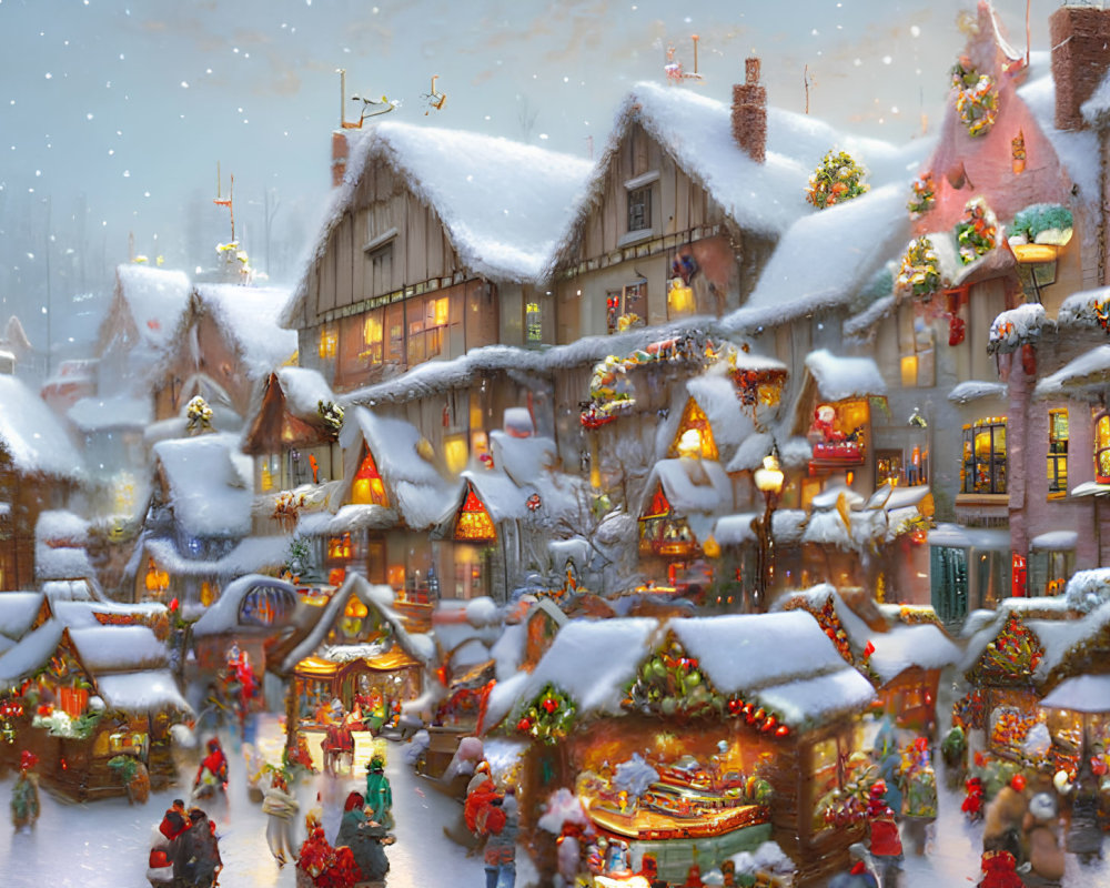 Snowy village adorned with festive decorations and bustling with people under warm lights.