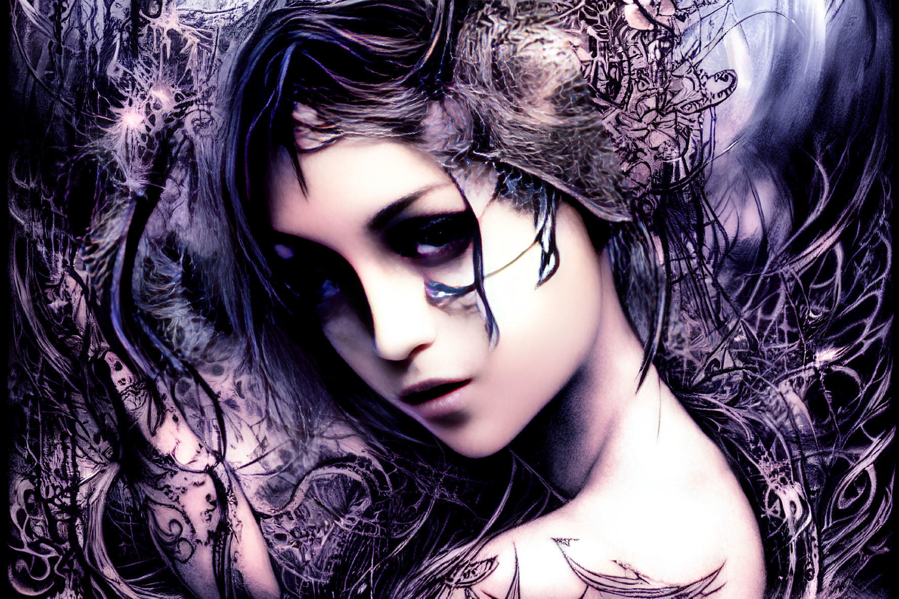 Digital Art: Woman with Striking Makeup and Tattoos in Mystical Blue Floral Setting