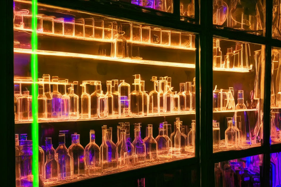 Empty Glass Bottles Illuminated on Shelves at Night