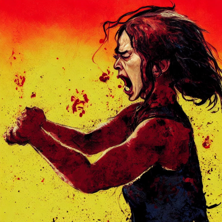 Illustration of person screaming in rage with raised fists on fiery red background