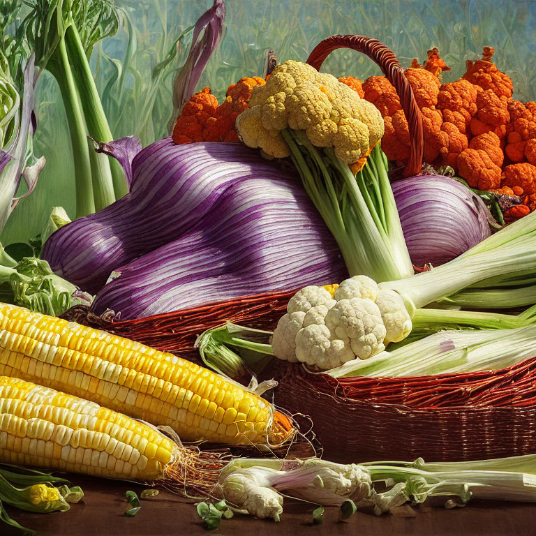 Colorful Vegetable Still Life with Onions, Cauliflower, Corn, and Greens in Basket