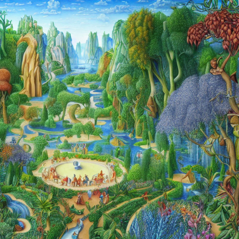 Detailed Fantasy Landscape with Lush Vegetation, Rivers, and Creatures