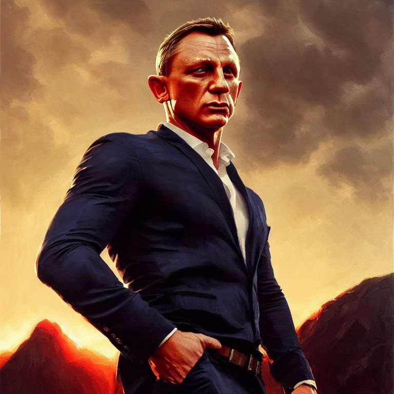 Digital artwork: Intense man in suit against fiery sky