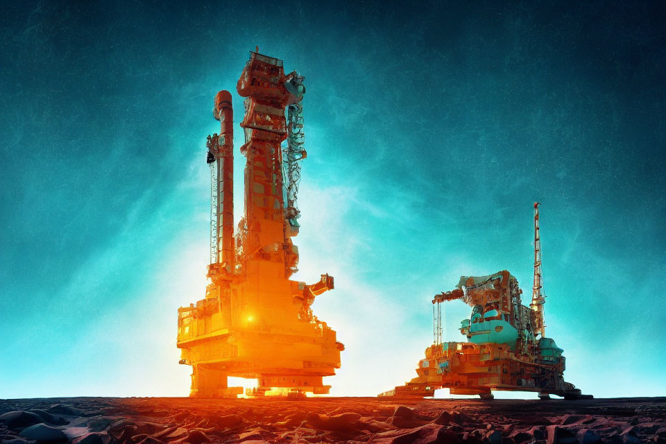 Futuristic drilling rigs on alien terrain under blue sky