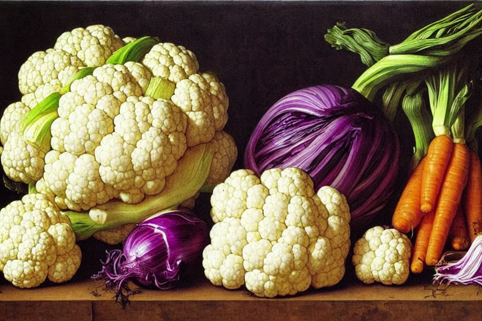 Colorful Vegetable Still Life Painting on Dark Background
