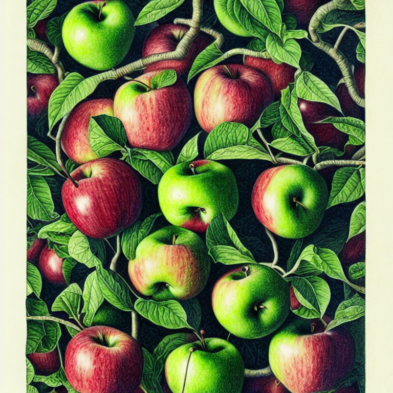Detailed Illustration of Ripe Red and Green Apples Among Lush Leaves
