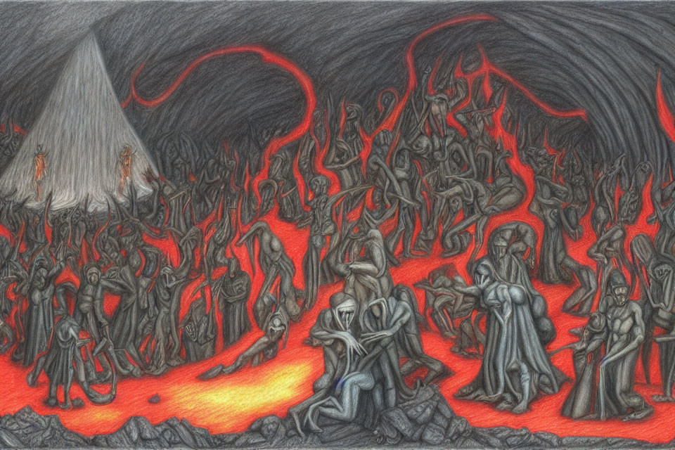 Illustration of Dante's Inferno: Tortured souls and demons in fiery hellish landscape.