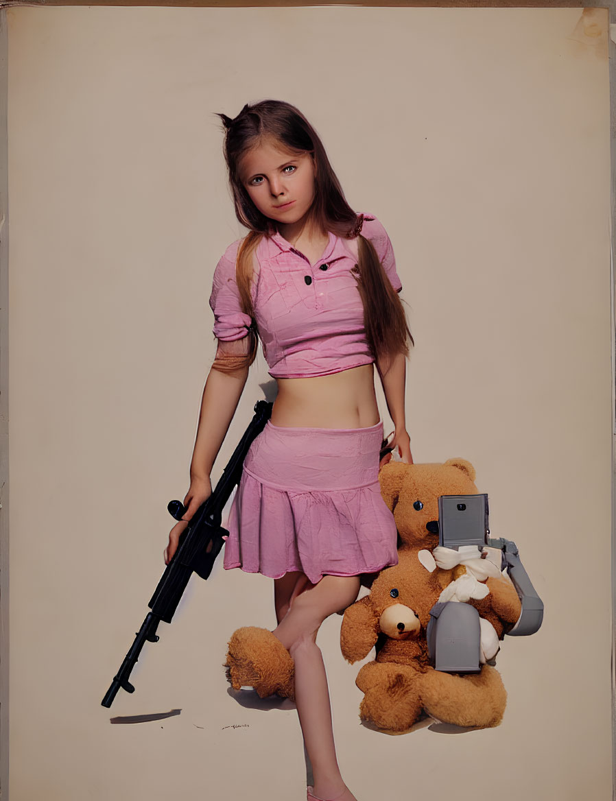 Young girl in pink outfit with rifle and teddy bear holding cell phone.