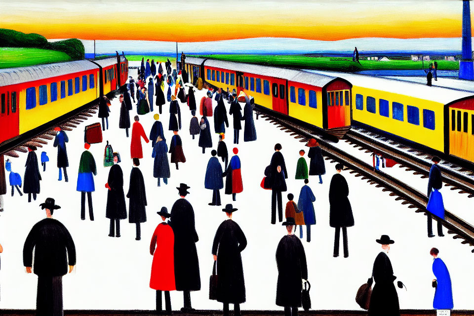 Vibrant painting of bustling train station with colorful trains and crowds.