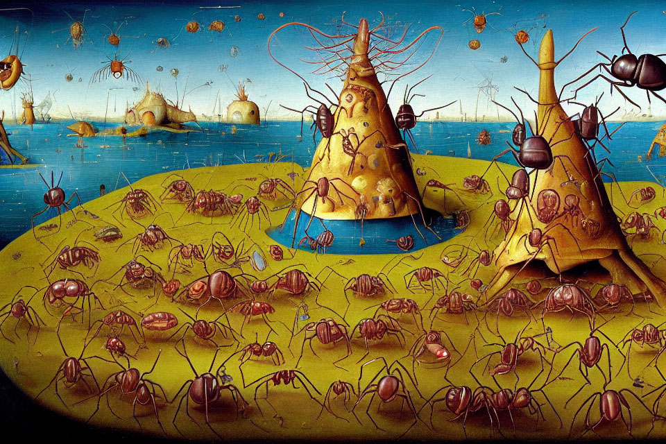 Surreal landscape with ant-like creatures, humanoid faces, beehive structures, and floating orbs