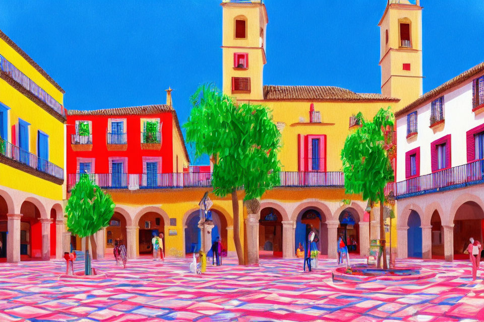 Colorful Town Square with Patterned Pavement, Buildings, Trees, Statue, and Blue Sky