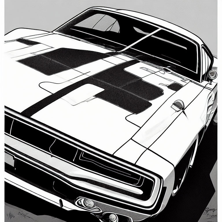 Monochrome illustration of muscle car with racing stripes and front grille