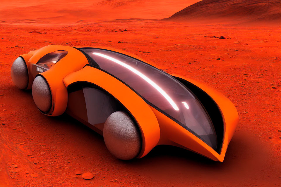 Futuristic orange vehicle on red Mars-like terrain