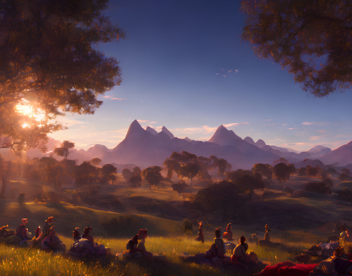 Tranquil landscape with people amidst rolling hills and mountains