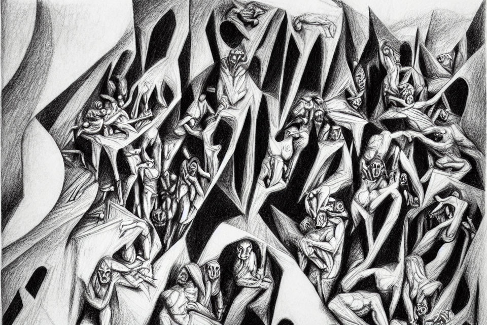 Monochrome pencil drawing of abstracted human figures in dynamic surreal landscape