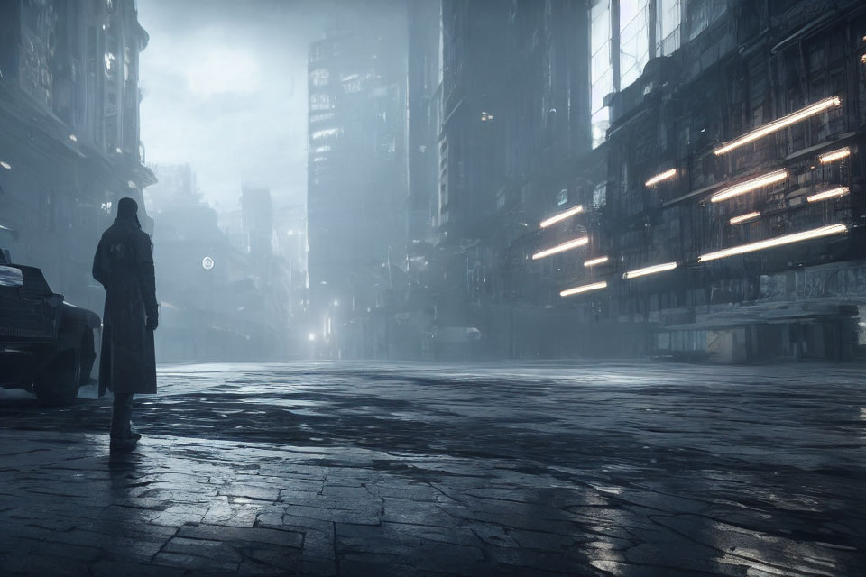 Solitary figure in misty futuristic cityscape with towering buildings