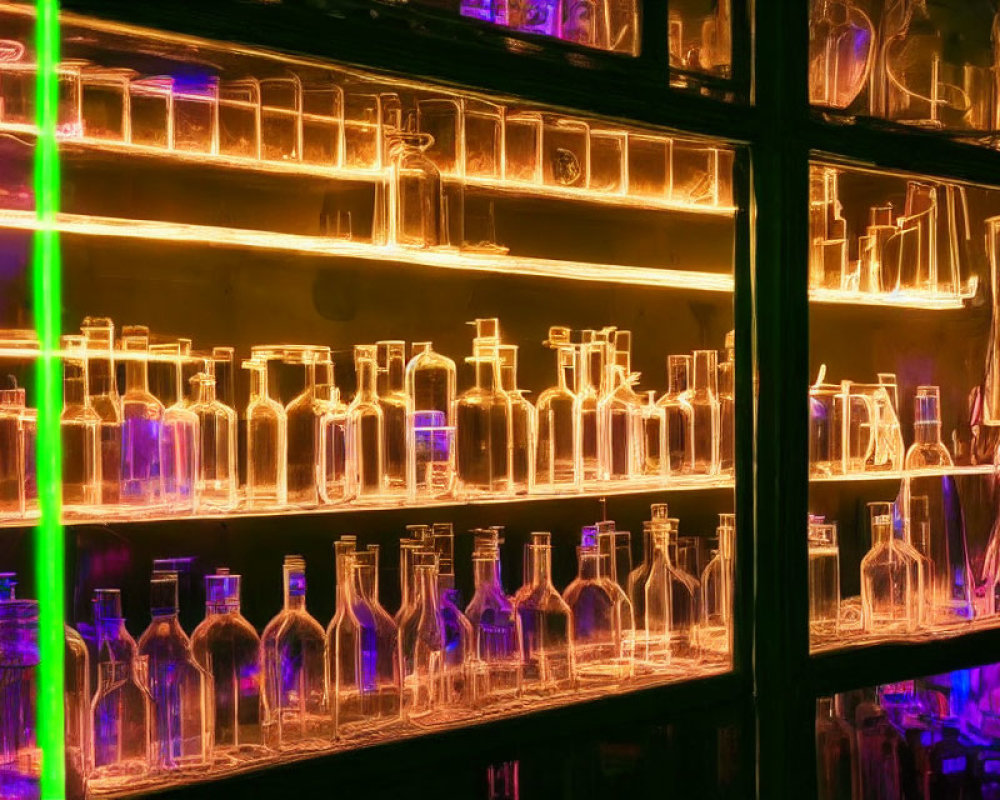 Empty Glass Bottles Illuminated on Shelves at Night