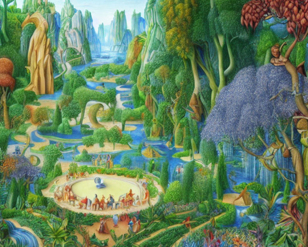 Detailed Fantasy Landscape with Lush Vegetation, Rivers, and Creatures