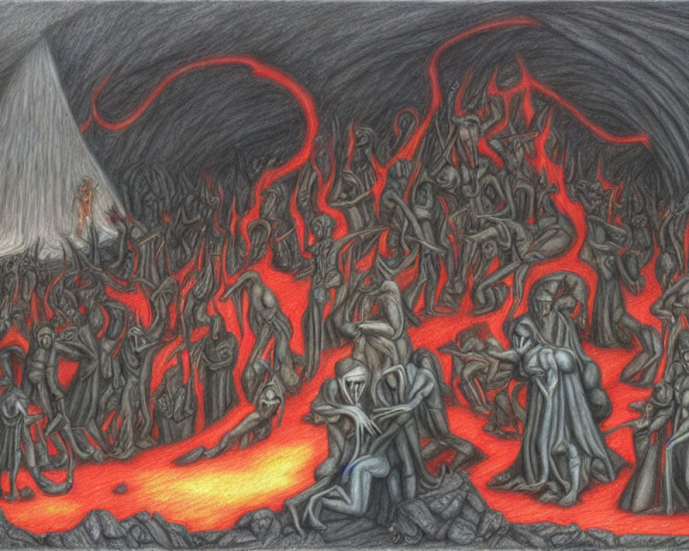 Illustration of Dante's Inferno: Tortured souls and demons in fiery hellish landscape.