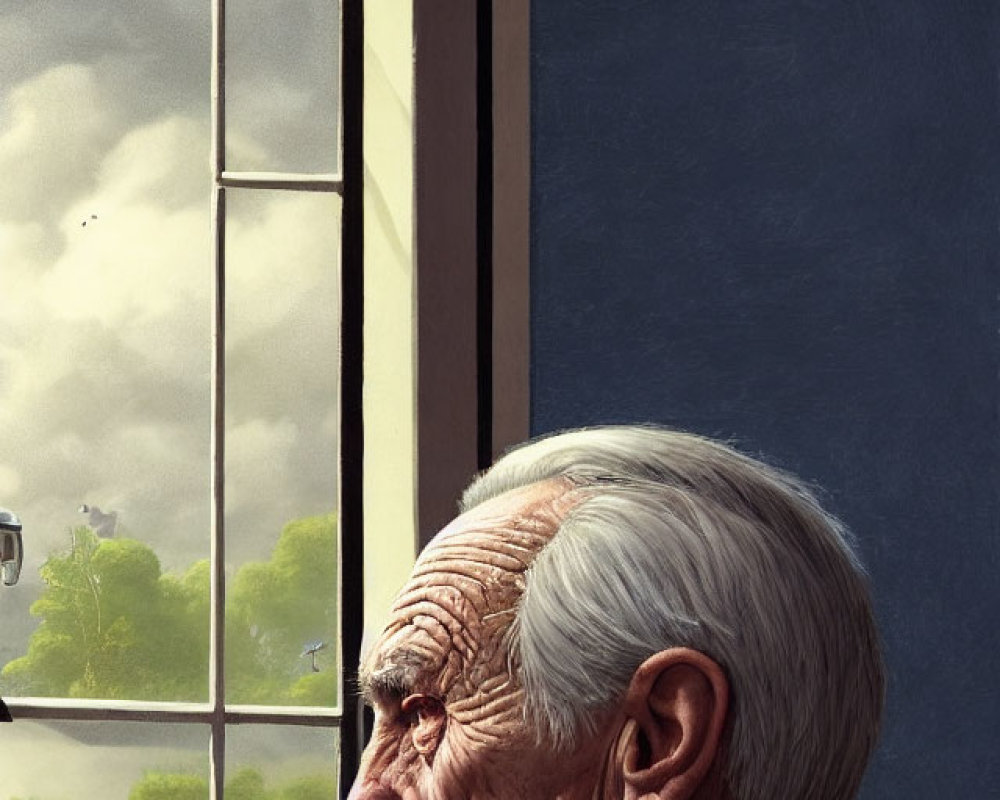Elderly man with deep wrinkles and white hair looking out of a window