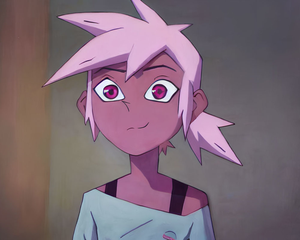Pink-haired animated character with large purple eyes in a surprised expression, wearing light blue top