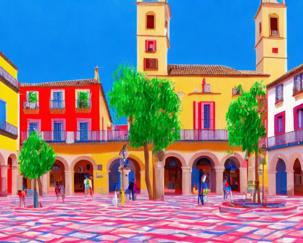 Colorful Town Square with Patterned Pavement, Buildings, Trees, Statue, and Blue Sky