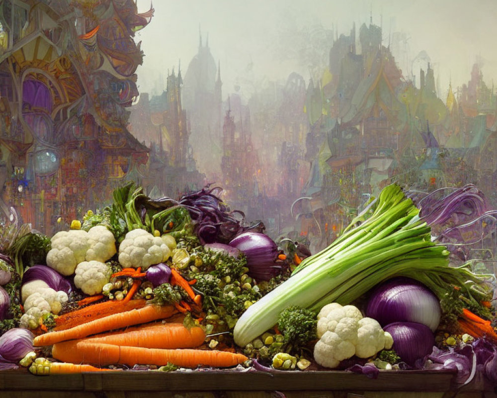 Colorful Fresh Vegetables in Vibrant Fantasy Cityscape