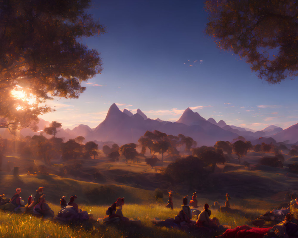 Tranquil landscape with people amidst rolling hills and mountains