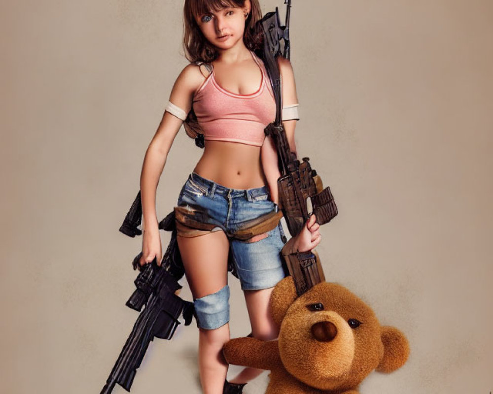 Young woman in cropped top with rifle next to large teddy bear