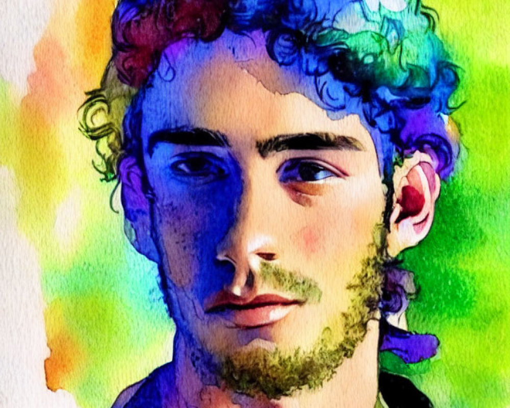 Colorful Watercolor Portrait of Young Man with Curly Hair
