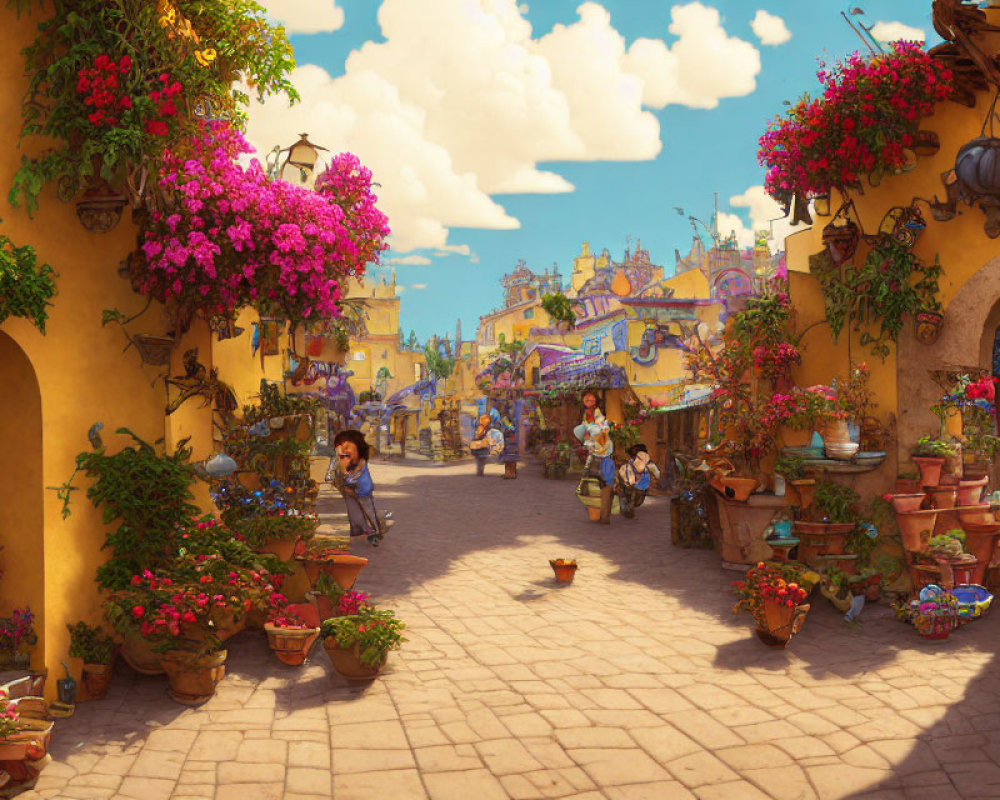 Colorful Street Scene with Buildings, People, Flowers, and Sky