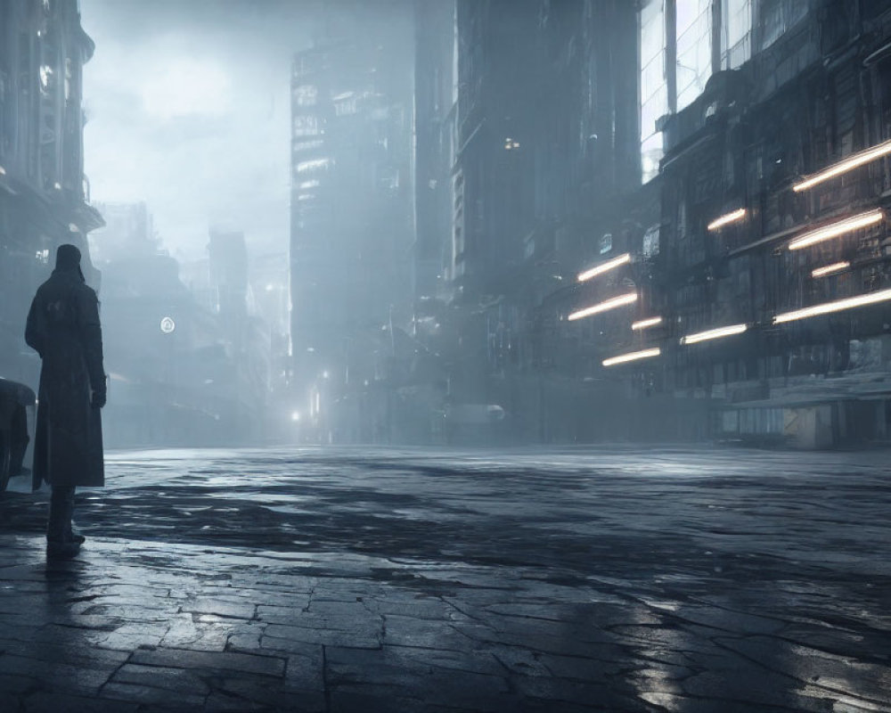 Solitary figure in misty futuristic cityscape with towering buildings