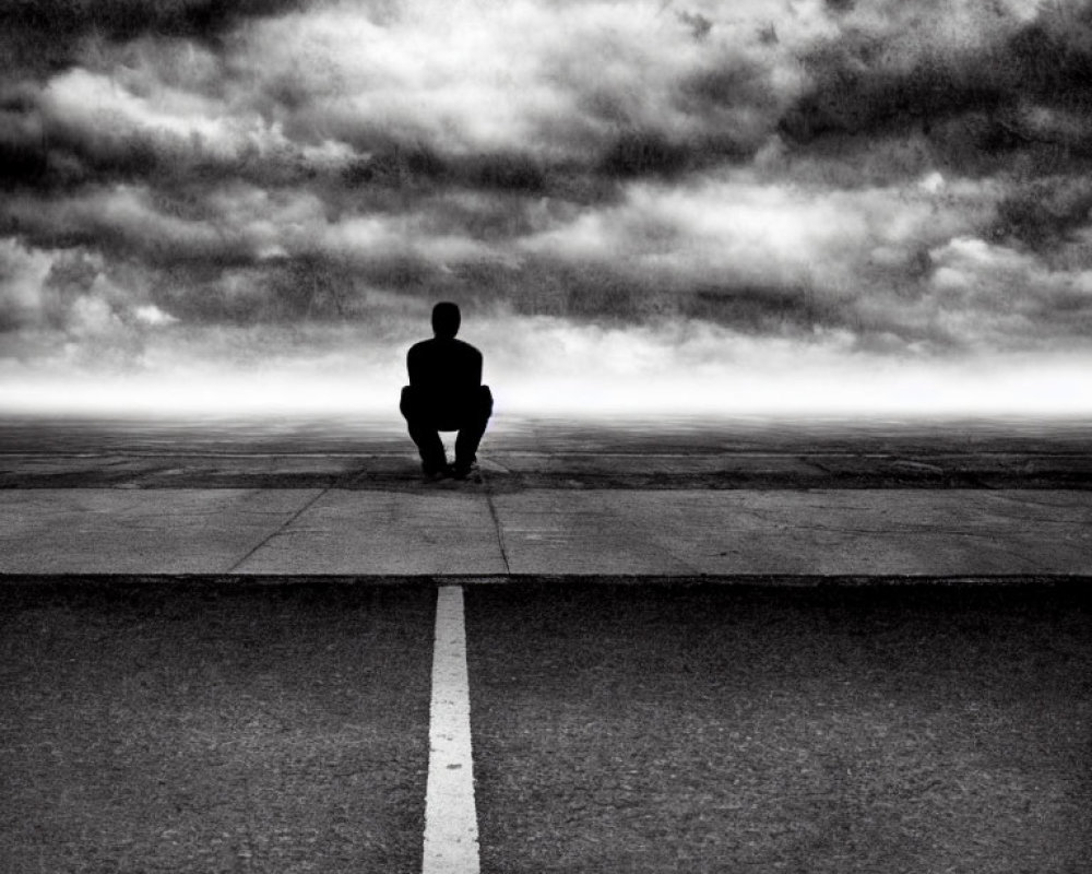 Person sitting on empty road under dramatic cloudy sky