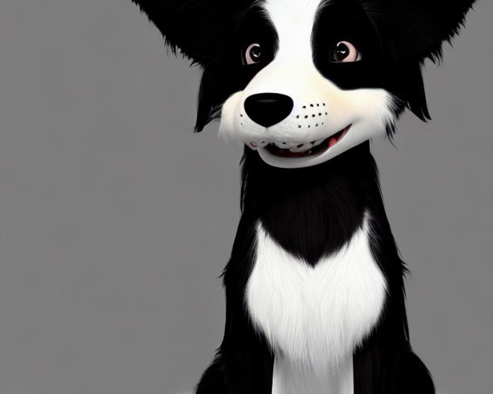 Cartoon-style black and white dog illustration with large ears and expressive eyes