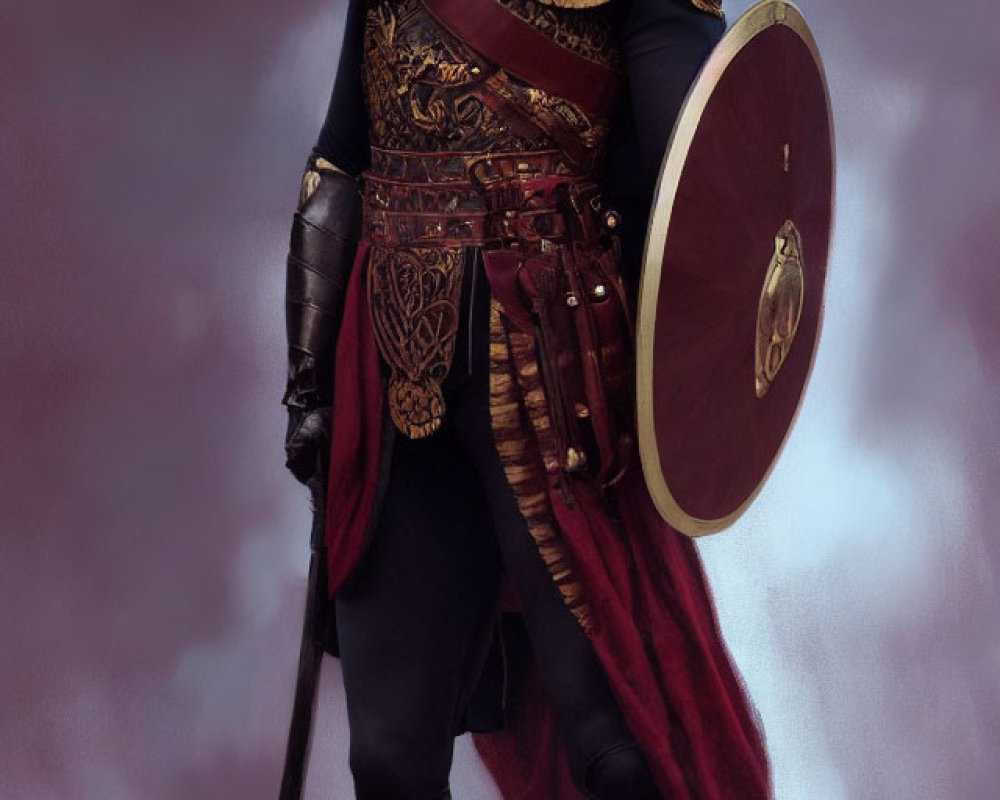 Elaborate Medieval Armor with Gold Accents and Red Cape on Purple Background
