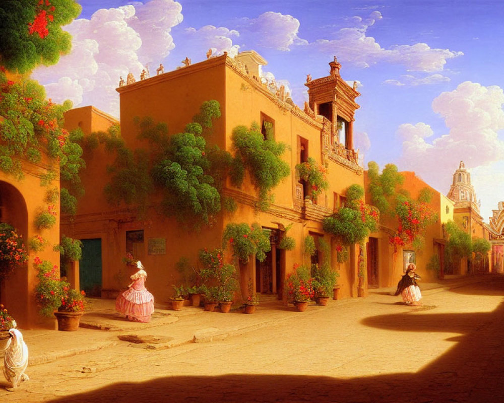 Colonial street painting with women in period dresses