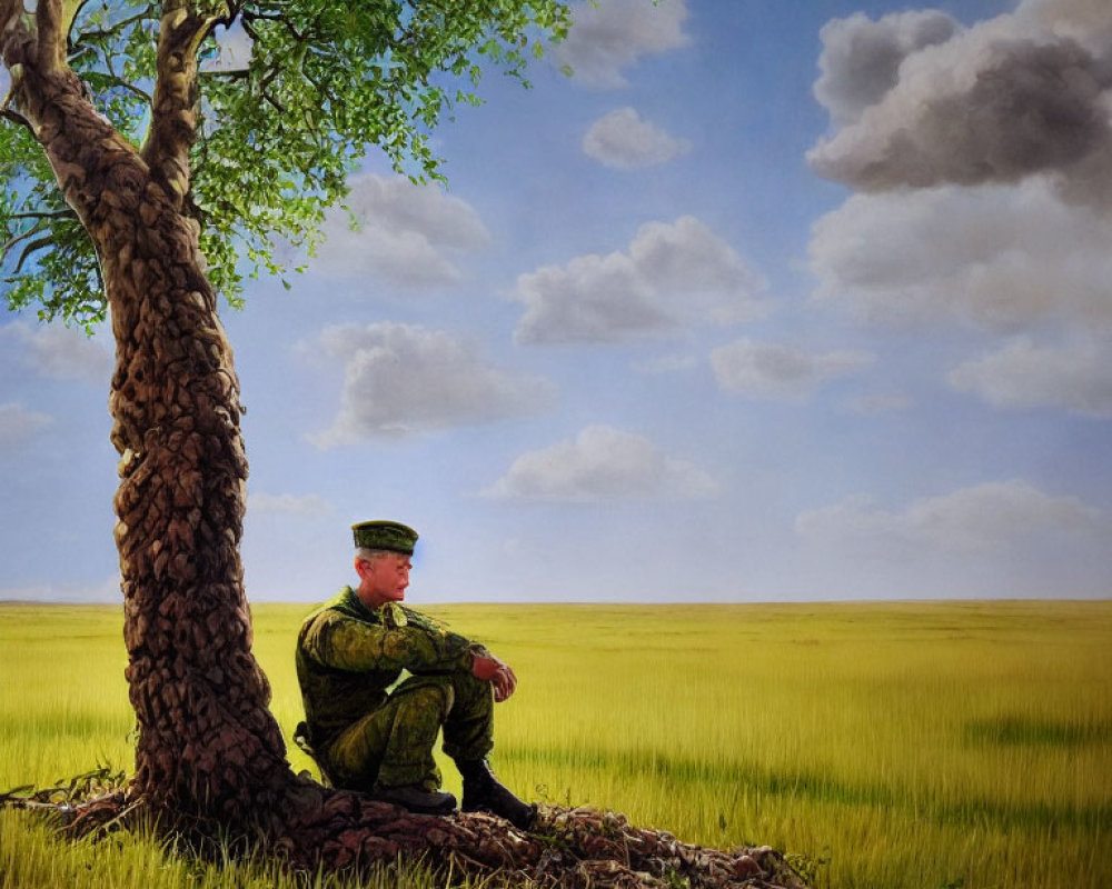 Military personnel in uniform sitting under tree in grassy field, contemplating horizon.