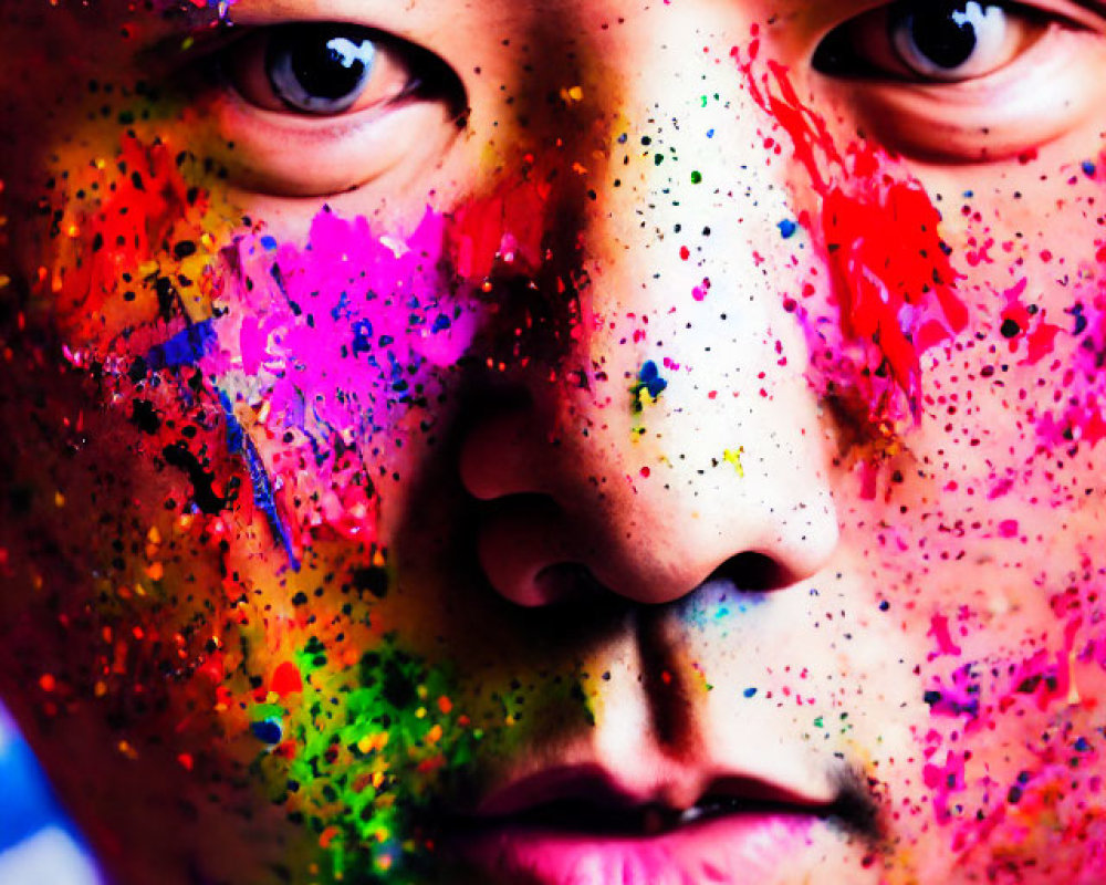 Vividly painted face in rainbow colors with intense gaze
