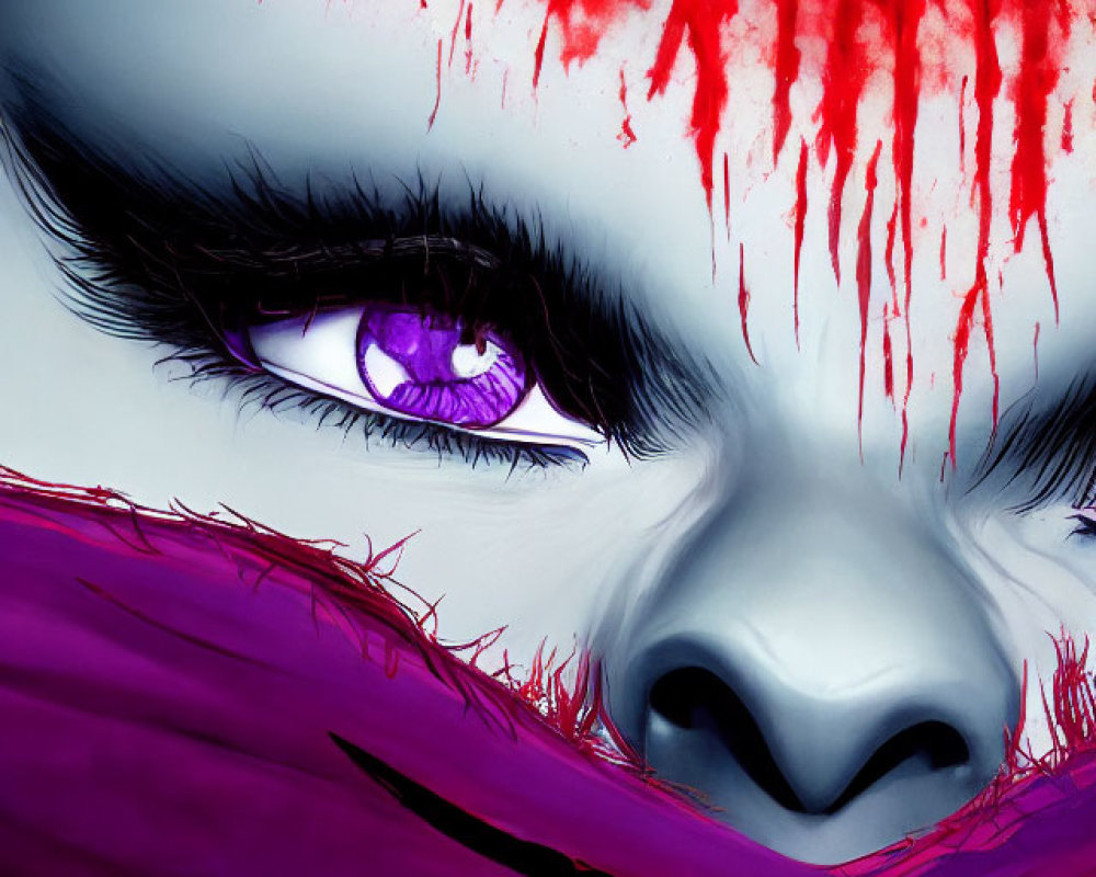 Intense gaze with purple eyes, splattered blood, pink hint