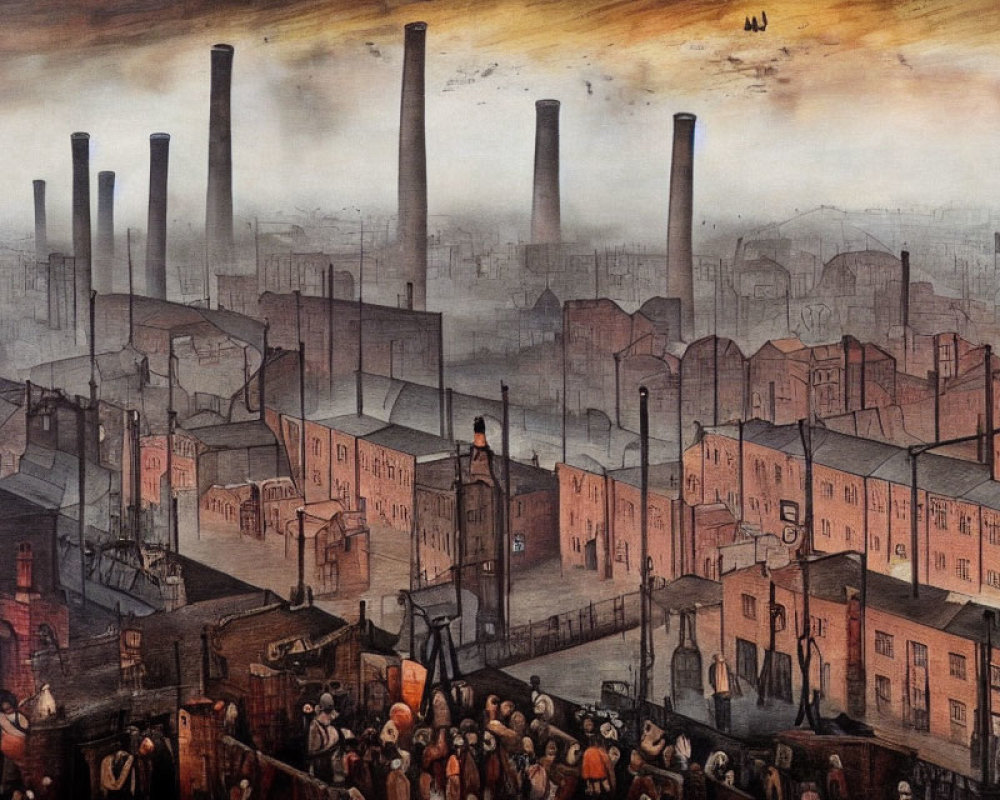 Industrial landscape with smokestacks, factories, and polluted sky in reddish-brown palette