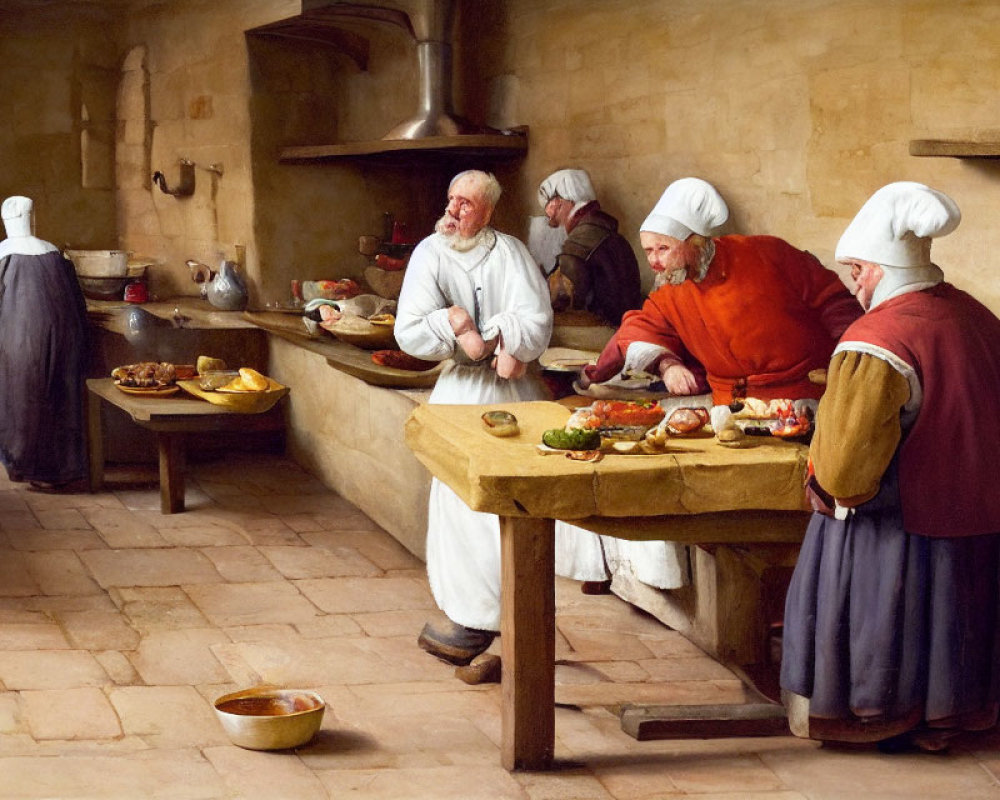 Traditional Kitchen Scene with Cooks and Diners in Period Attire
