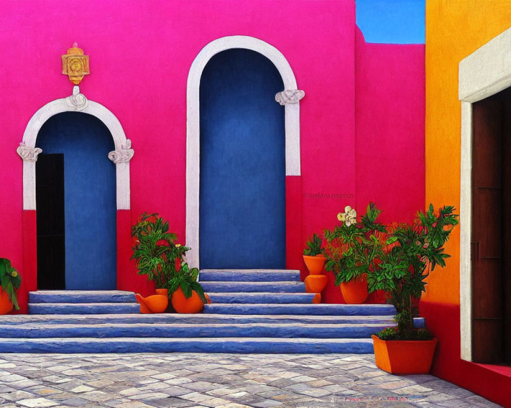 Colorful Street Scene with Pink Wall, Blue Arched Doorways, and Potted Plants