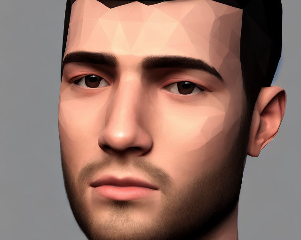 Low-poly man in 3D with stylish haircut and red shirt