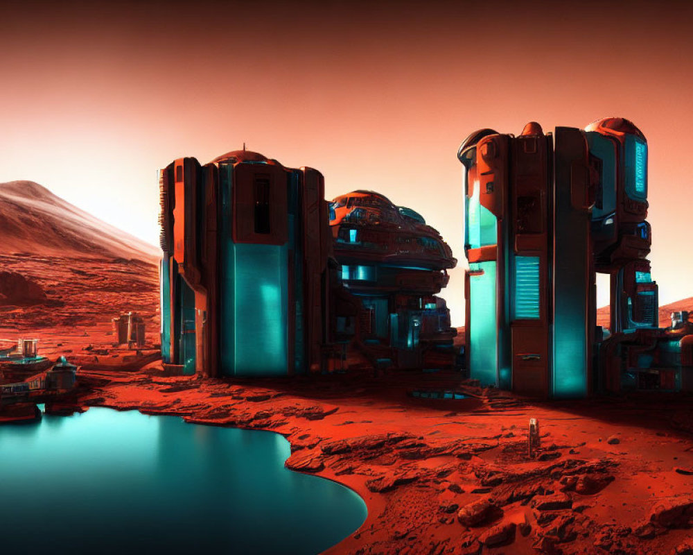 Futuristic Mars colony with domed and towering structures near a lake under a reddish sky