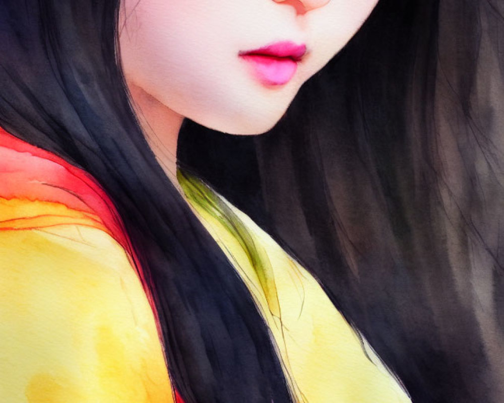 Portrait of woman with fair skin, black hair in yellow and pink attire with reflective expression