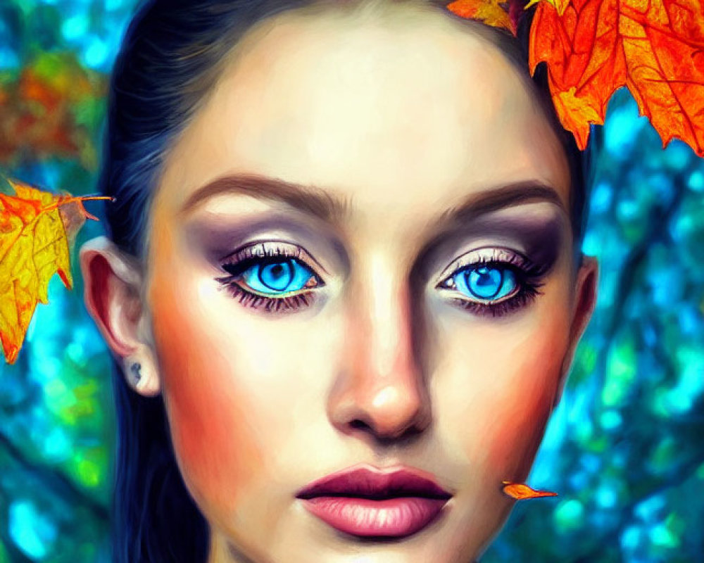 Vibrant digital portrait of woman with blue eyes and autumn leaves